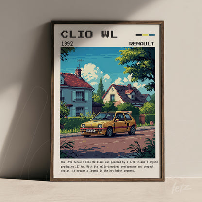 quadro emoldurado com arte digital do Renault Clio Williams de 1992, mostrando o carro amarelo em uma cena de rua tranquila com casas e árvores
