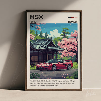 quadro decorativo com arte em pixel do carro Honda NSX de 1993, emoldurado com moldura escura e fundo de paisagem oriental com flores de cerejeira
