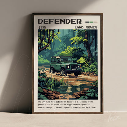 quadro estilo retrô com ilustração pixelada de um veículo Land Rover Defender em um cenário natural com vegetação ao redor