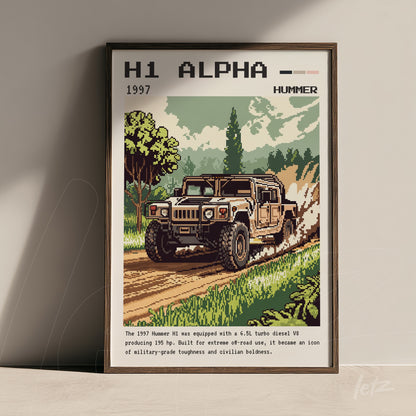 quadro com arte retrô do Hummer H1 de 1997 em moldura escura, mostrando o veículo em uma trilha off-road com árvores ao fundo e céu limpo