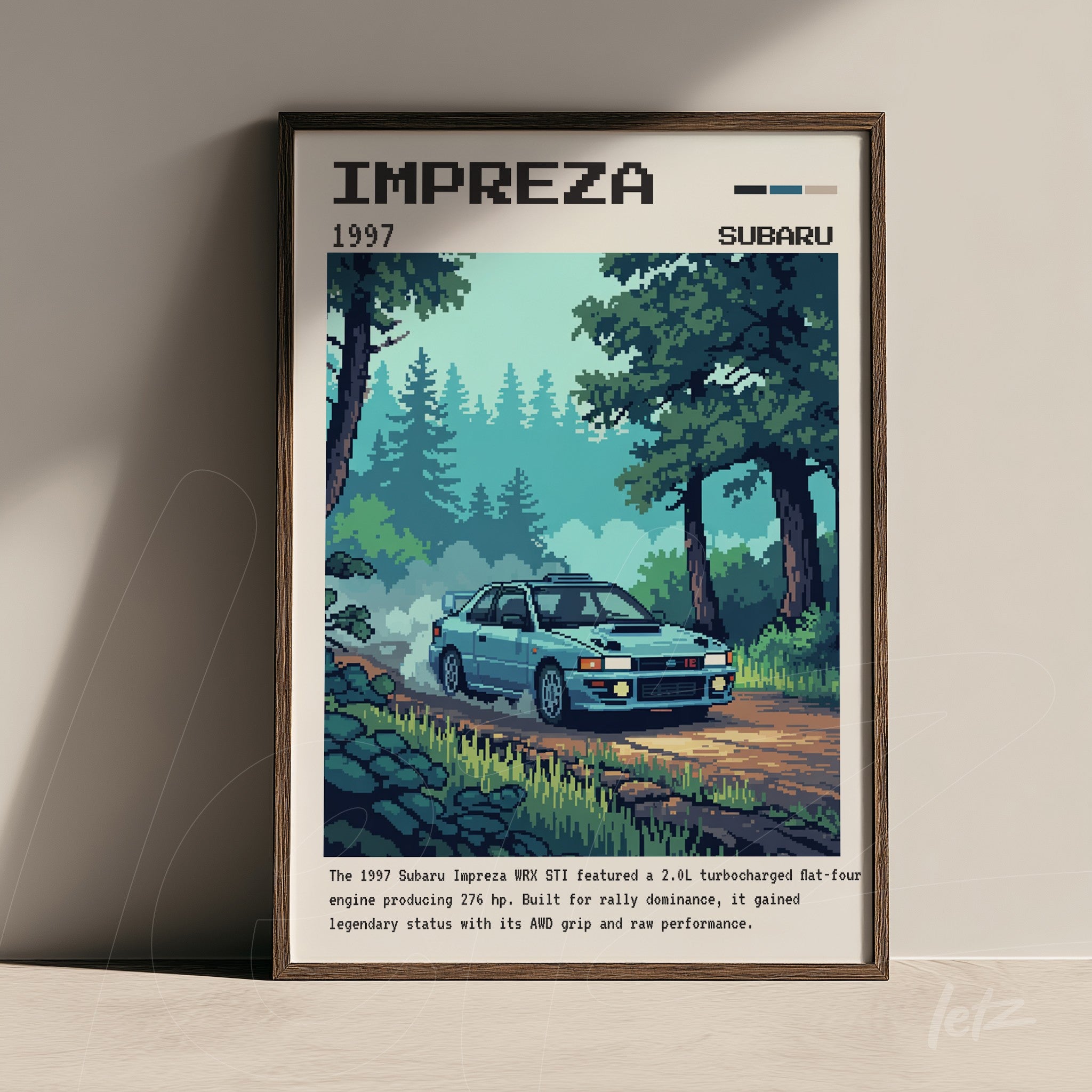 quadro com arte pixelada do Subaru Impreza 1997 em moldura marrom