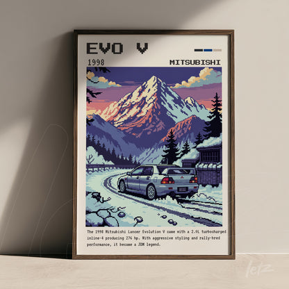 quadro decorativo com arte pixelada do Mitsubishi Lancer Evolution V em cenário montanhoso