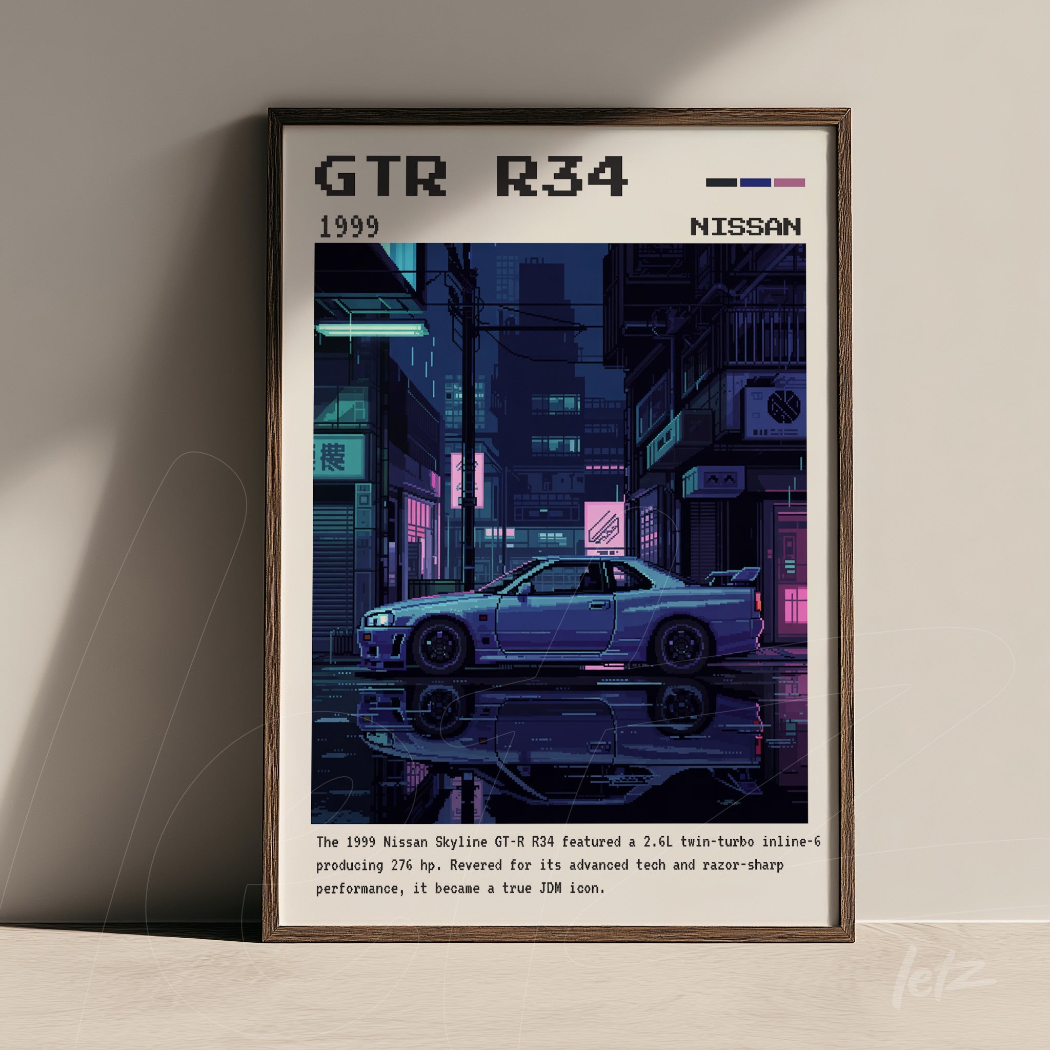 quadro com arte digital do carro Nissan GTR R34 em fundo urbano noturno, moldura de madeira escura