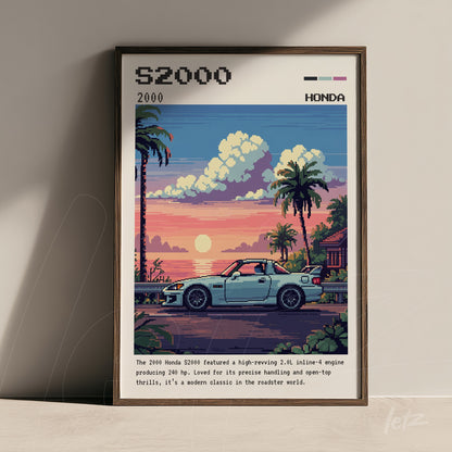 quadro com arte no estilo pixel art de um carro Honda S2000 em cenário tropical, com céu colorido ao fundo e moldura escura