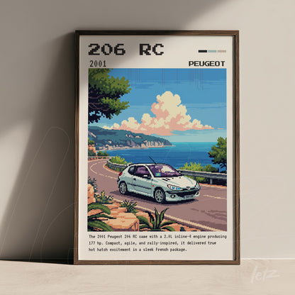 quadro com arte digital em estilo pixelado do carro Peugeot 206 RC em uma estrada costeira com vegetação