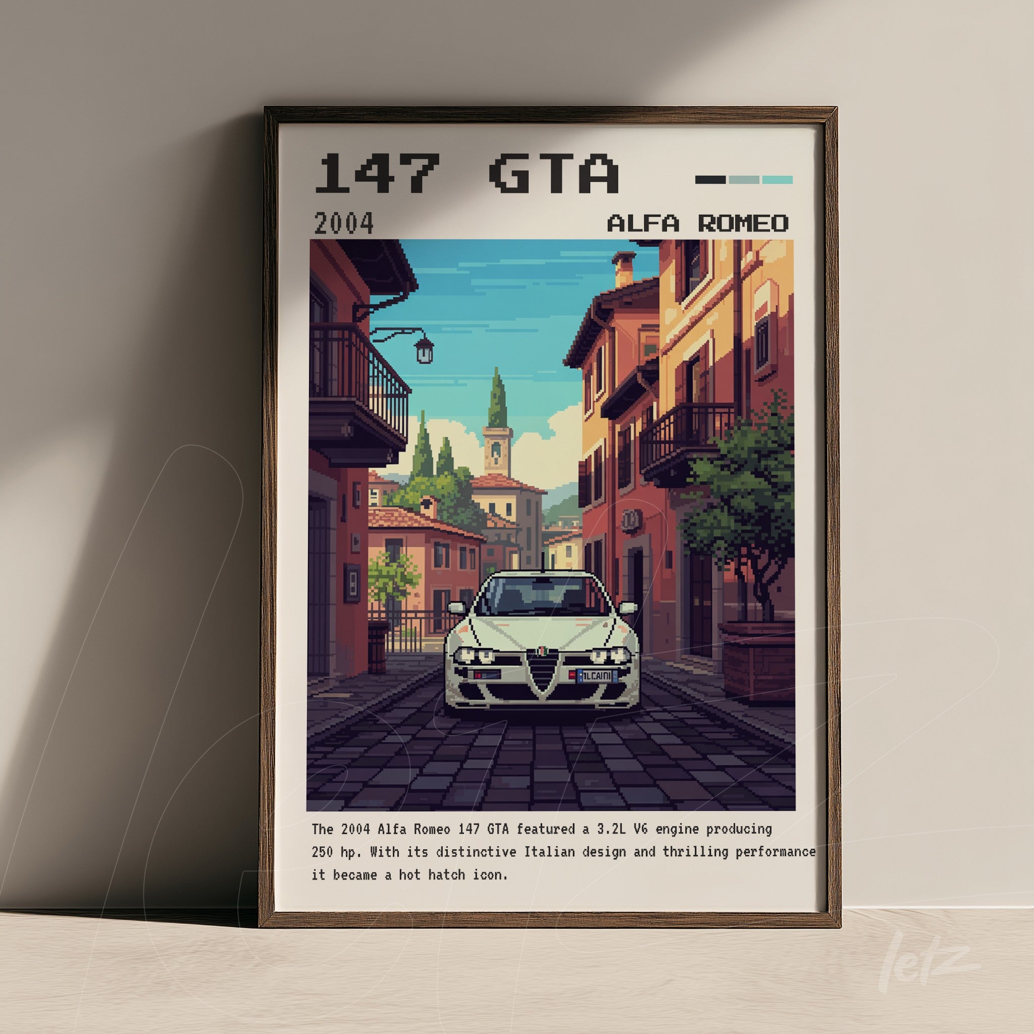 quadro com arte em pixel art do carro Alfa Romeo 147 GTA em uma rua europeia com arquitetura italiana e moldura escura