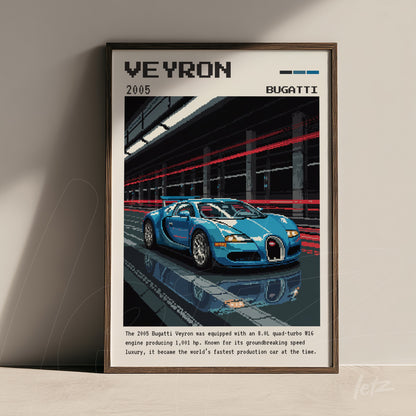 quadro com arte digital do carro Bugatti Veyron em moldura escura com informações do modelo