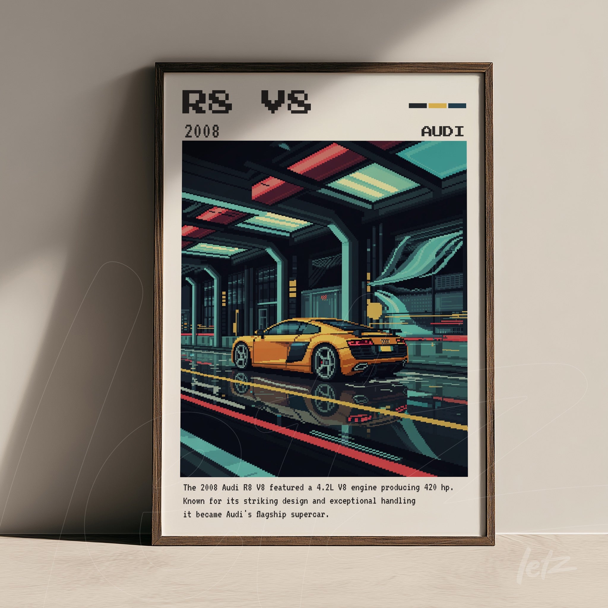 quadro emoldurado com arte pixelada de um carro esportivo amarelo em uma pista futurista, detalhes em tons de azul e vermelho