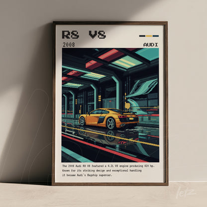 quadro emoldurado com arte pixelada de um carro esportivo amarelo em uma pista futurista, detalhes em tons de azul e vermelho