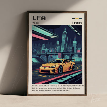 quadro com arte digital de carro esportivo amarelo sobre fundo urbano retrô em moldura preta