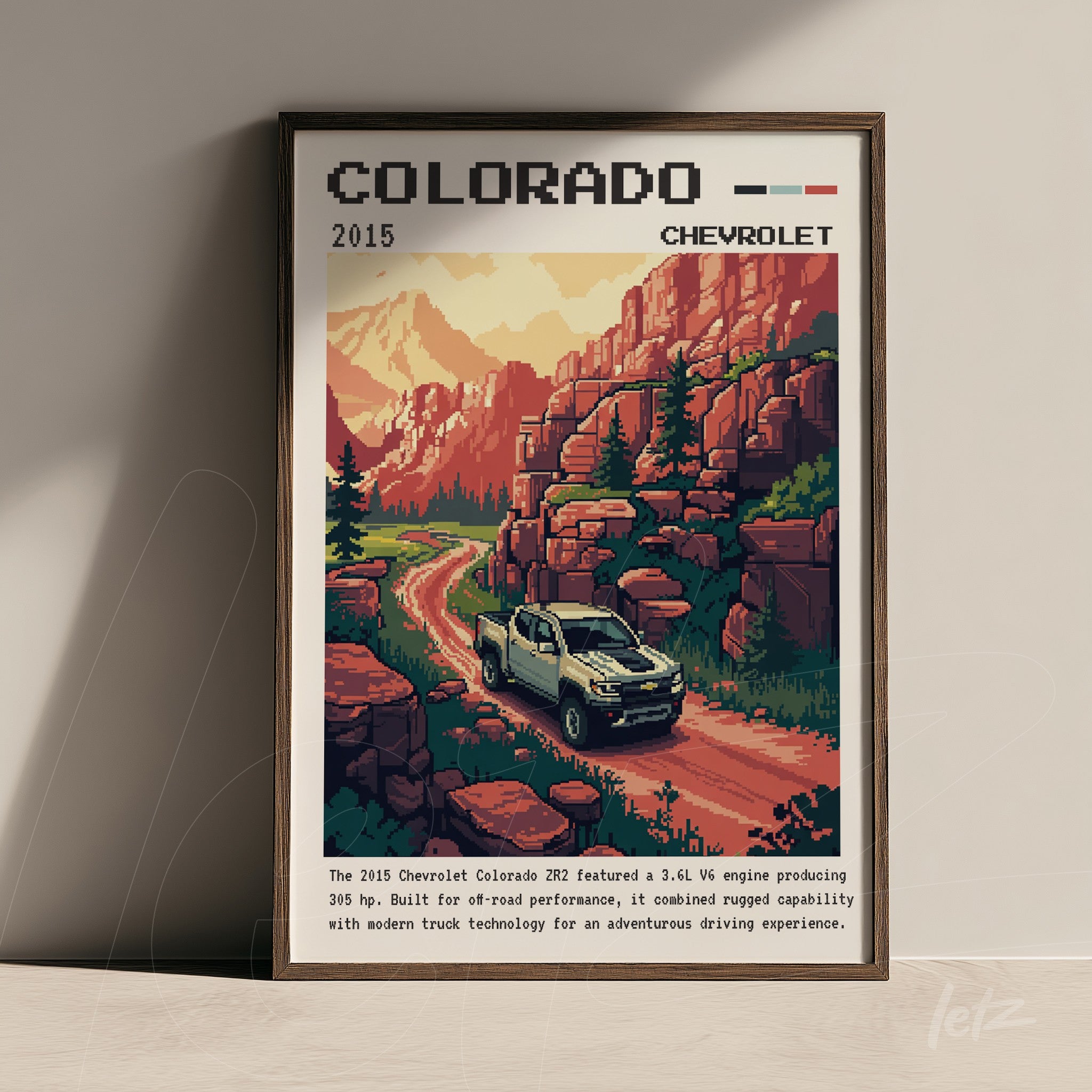 quadro retrô de carro Chevrolet Colorado 2015 em cena de montanhas com fundo de pedras e estrada