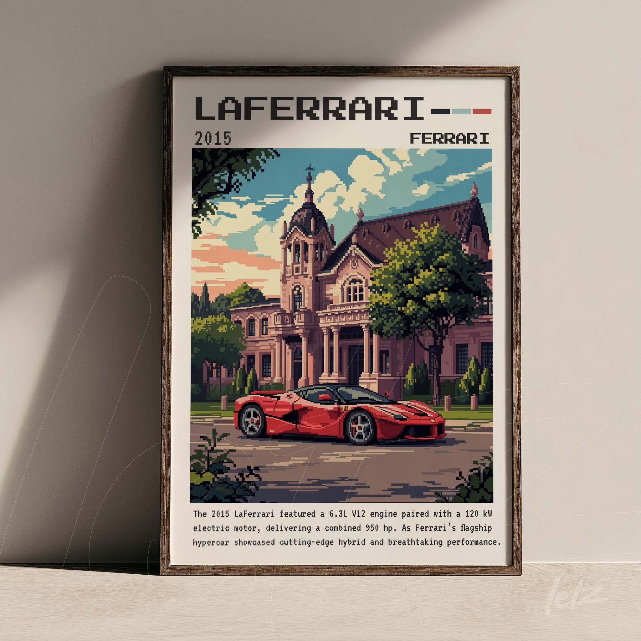 quadro com arte pixelada de um carro Ferrari LaFerrari em frente a uma mansão em estilo clássico, moldura marrom escura