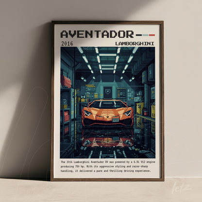 quadro com arte pixelada do carro Lamborghini Aventador em moldura escura