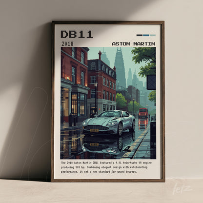 quadro com ilustração em pixel art de um Aston Martin DB11 estacionado em uma rua londrina, moldura escura com detalhes em dourado