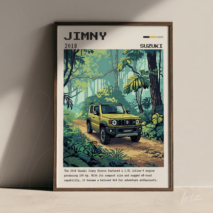 quadro com arte digital do carro Suzuki Jimny em um cenário de floresta verde, detalhe pixelizado e moldura marrom