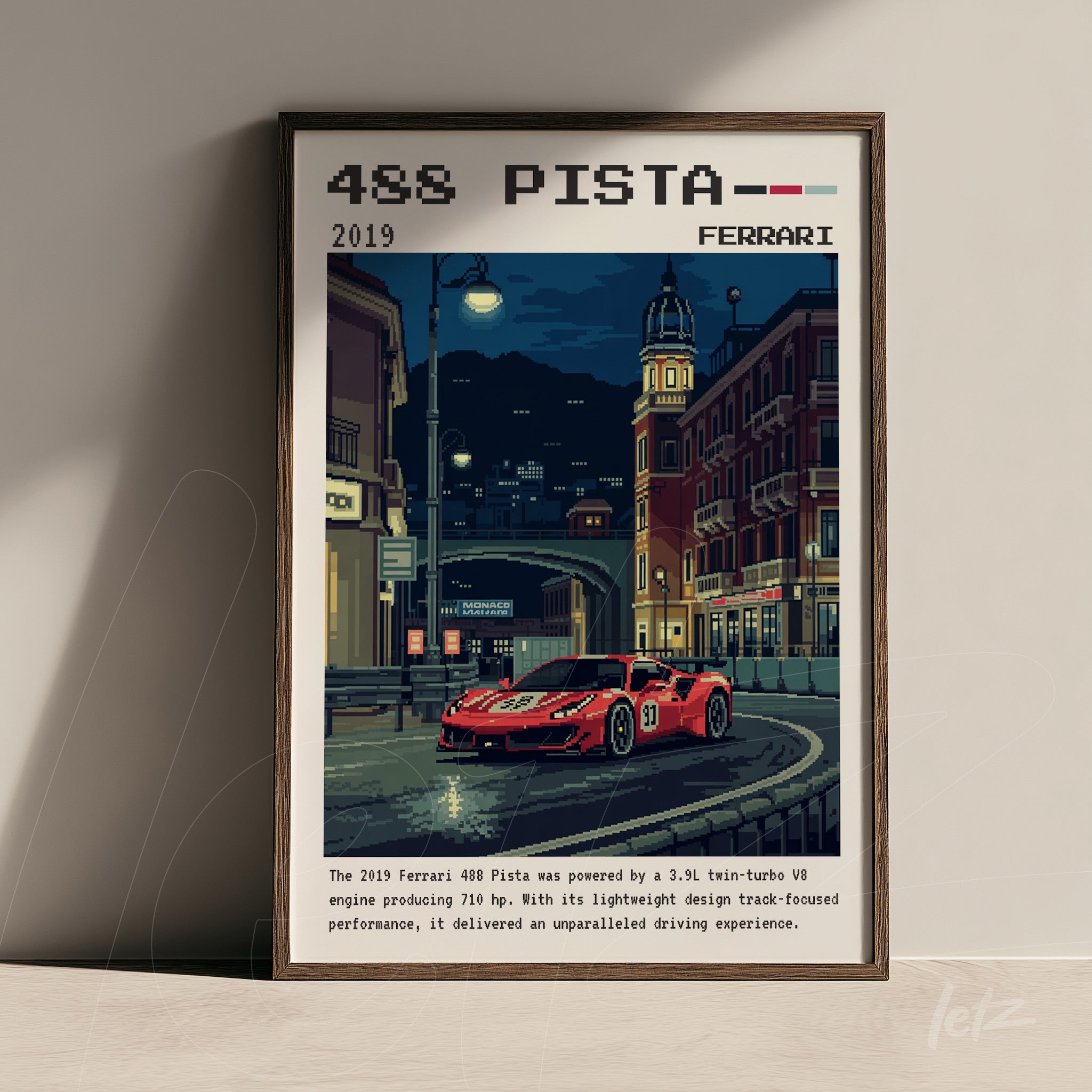 quadro com arte pixelada do carro esportivo Ferrari 488 Pista em uma cena urbana noturna, moldura de madeira escura