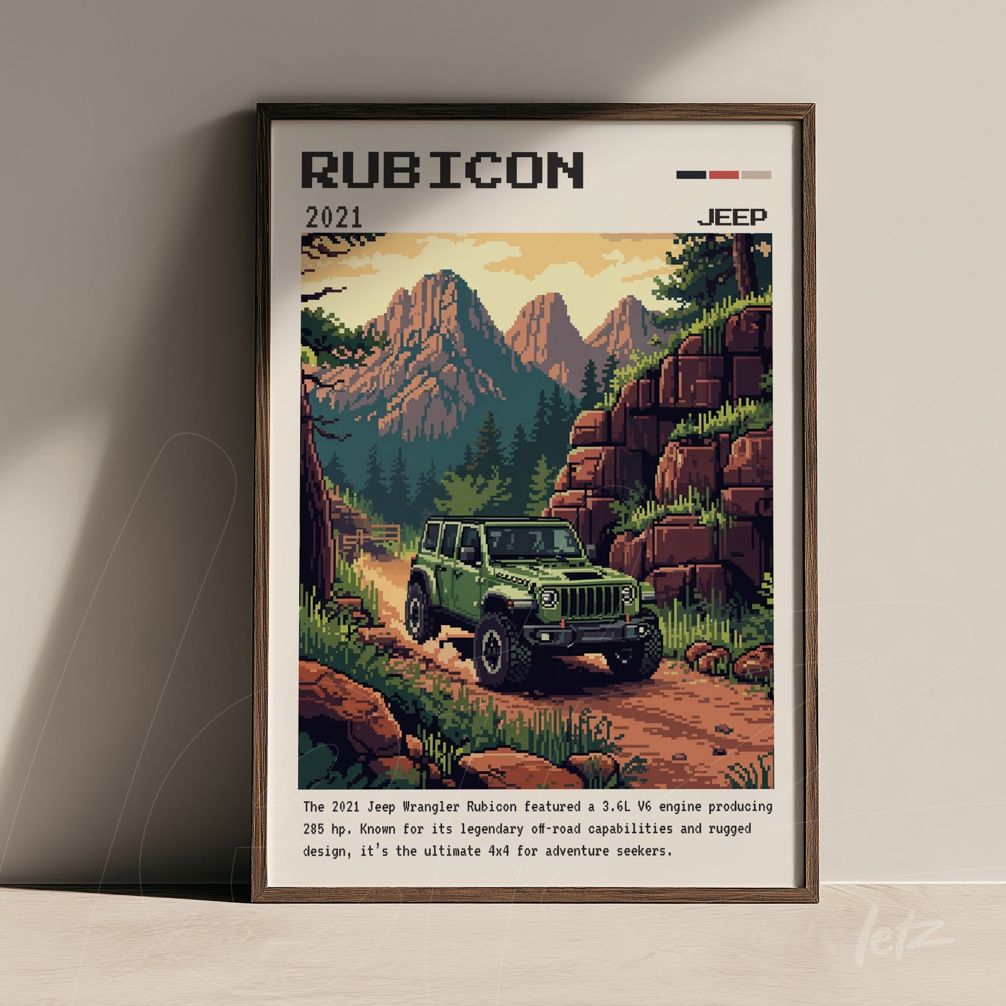 quadro em estilo retrô que retrata um Jeep Rubicon verde em uma trilha montanhosa, com fundo de montanhas e vegetação, moldura de madeira escura