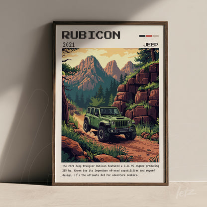 quadro em estilo retrô que retrata um Jeep Rubicon verde em uma trilha montanhosa, com fundo de montanhas e vegetação, moldura de madeira escura