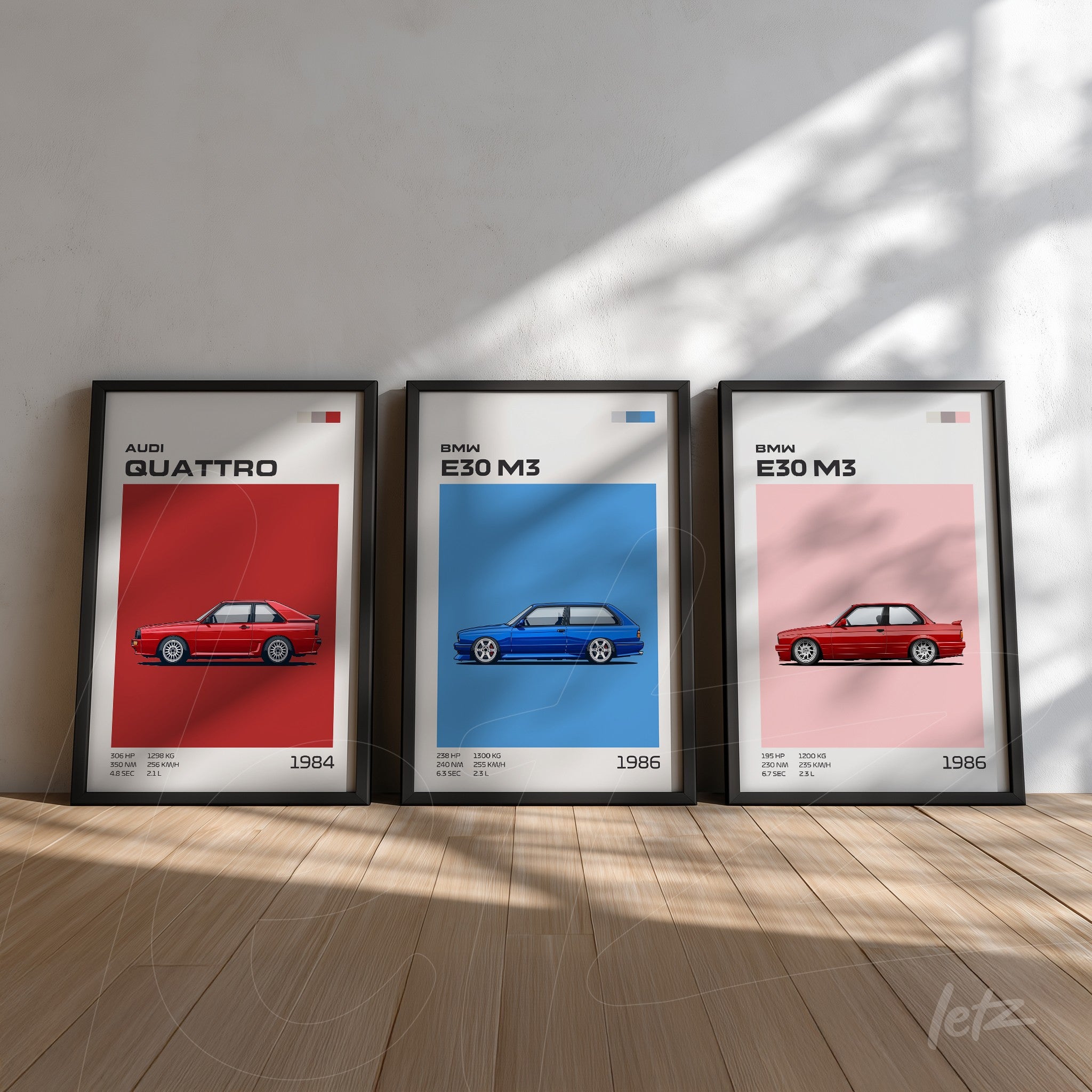 composição com três quadros de carros em moldura preta, apresentando o Audi Quattro em vermelho, o BMW E30 M3 em azul e novamente o BMW E30 M3 em rosa, todos com fundo claro