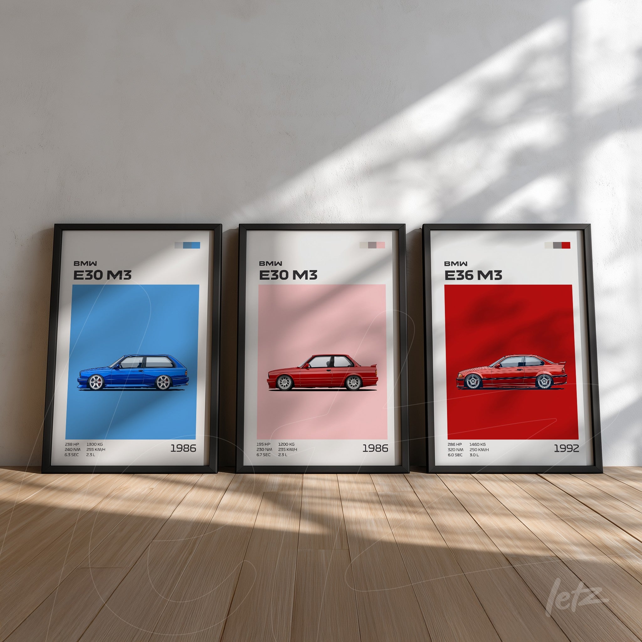 série de quadros com ilustrações estilizadas de carros BMW M3 em molduras pretas, com fundo azul, rosa e vermelho