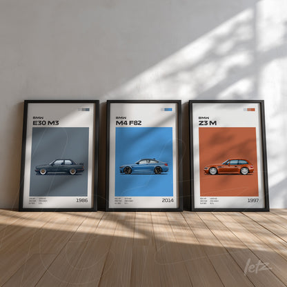 composição de quadros com ilustrações de carros da BMW, incluindo E30 M3 em fundo cinza, M4 F82 em fundo azul e Z3 M em fundo laranja, todos em moldura preta