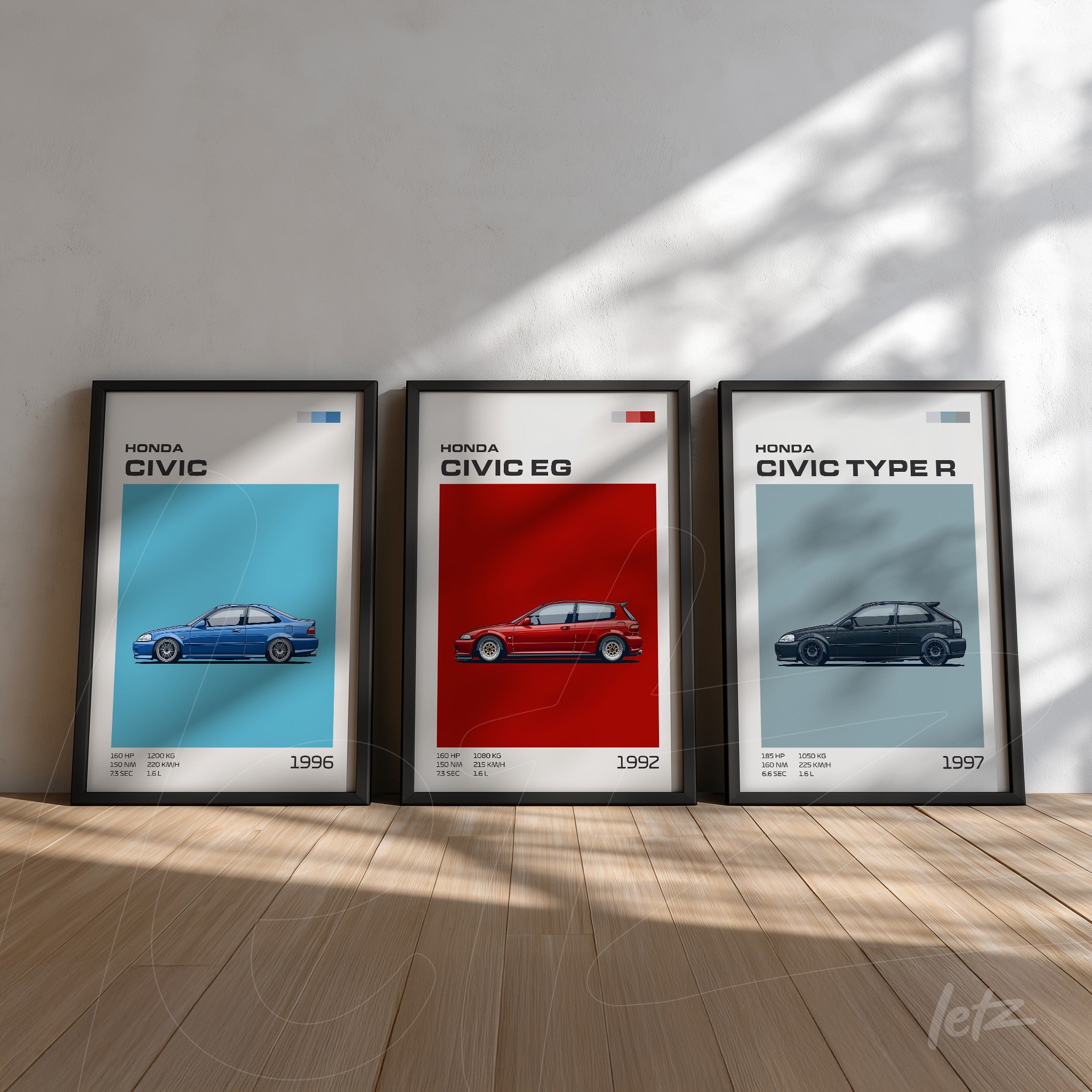 composição de quadros decorativos com ilustrações de carros Honda Civic em molduras pretas, destacando os modelos de 1995, 1992 e Type R sobre fundo colorido