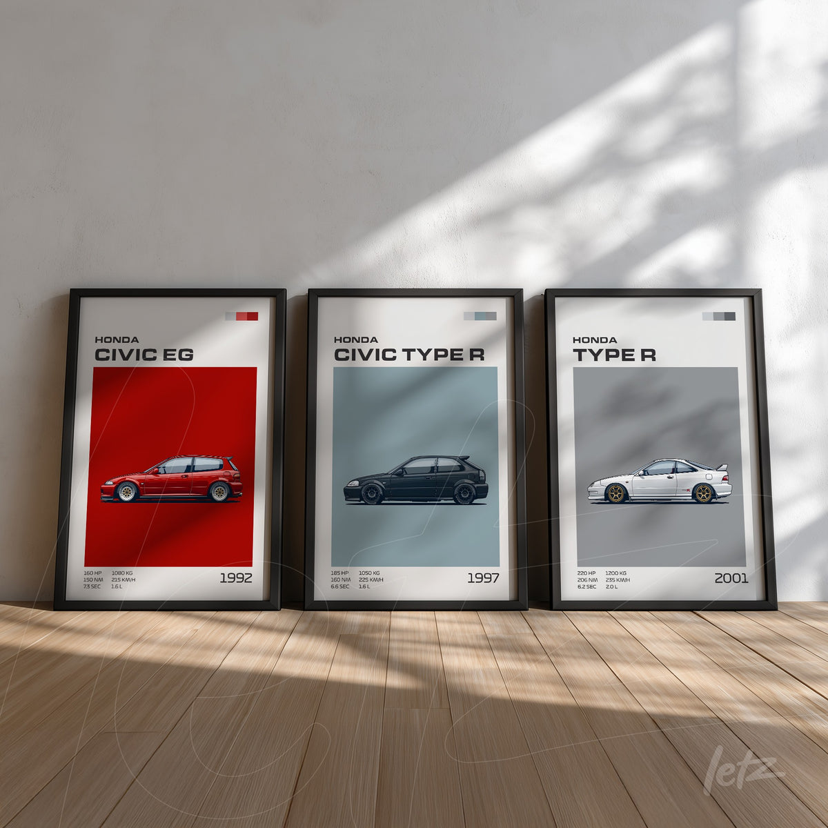 composição com três quadros decorativos de carros Honda em molduras pretas, apresentando os modelos Civic EG de 1992, Civic Type R de 1997 e Type R de 2001 sobre fundo neutro