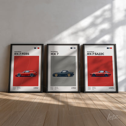 composição de quadros com ilustrações de carros Mazda RX-7 em molduras pretas, com fundos vermelhos e cinzas