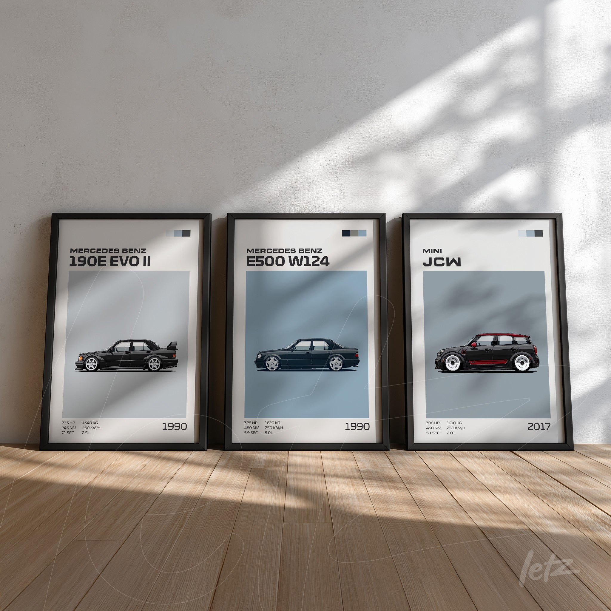 composição de quadros com ilustrações de carros clássicos Mercedes Benz em molduras pretas, fundo azul suave
