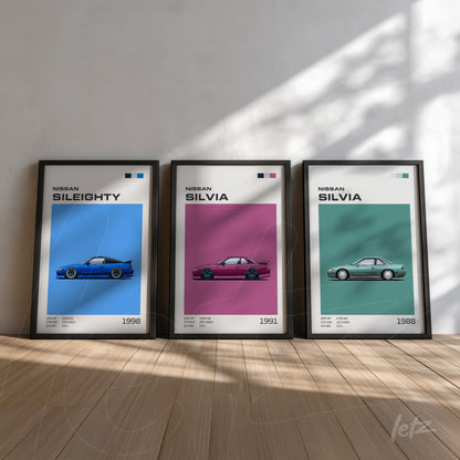 composição de quadros com ilustrações de carros Nissan Sil80 e Silvia em molduras pretas sobre parede clara