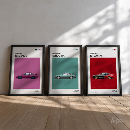composição com três quadros em molduras pretas apresentando carros Nissan Silvia de diferentes anos em fundo colorido