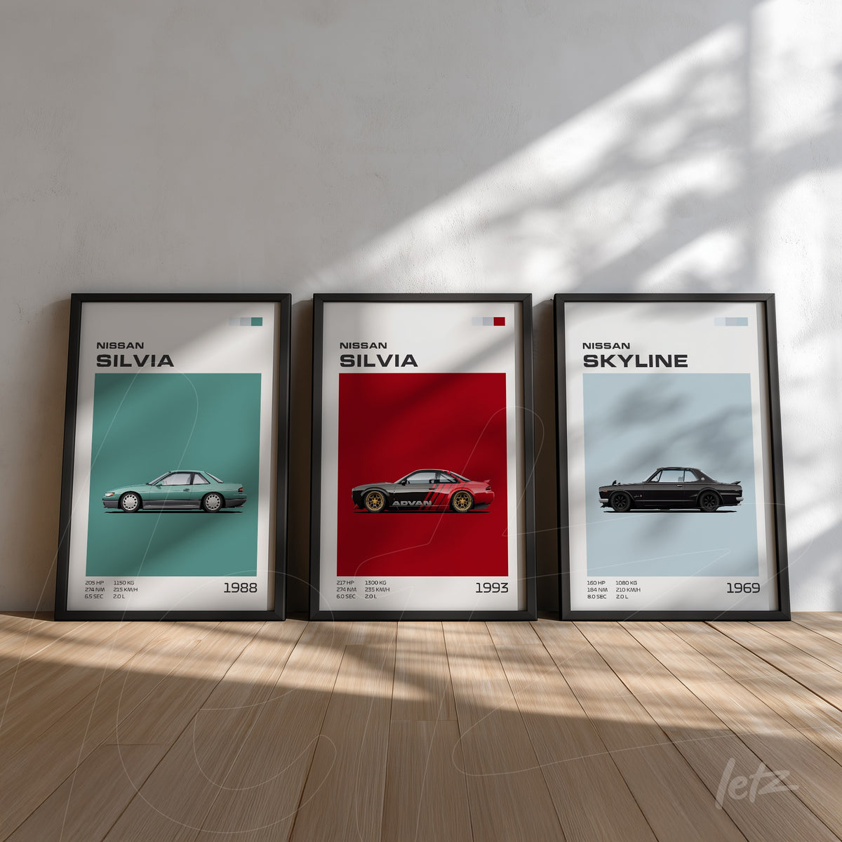 composição de quadros com ilustrações minimalistas de carros Nissan Silvia em fundo claro e moldura preta