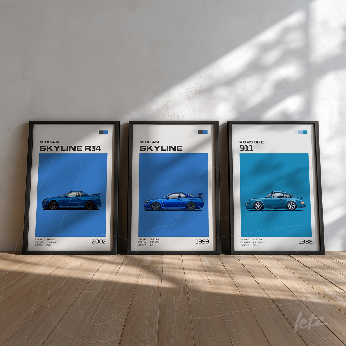 coleção de quadros com ilustrações de carros clássicos em fundo branco e molduras pretas, destacando Nissan Skyline R34 de 2002, Nissan Skyline de 1999 e Porsche 911 de 1988, todos com design gráfico moderno