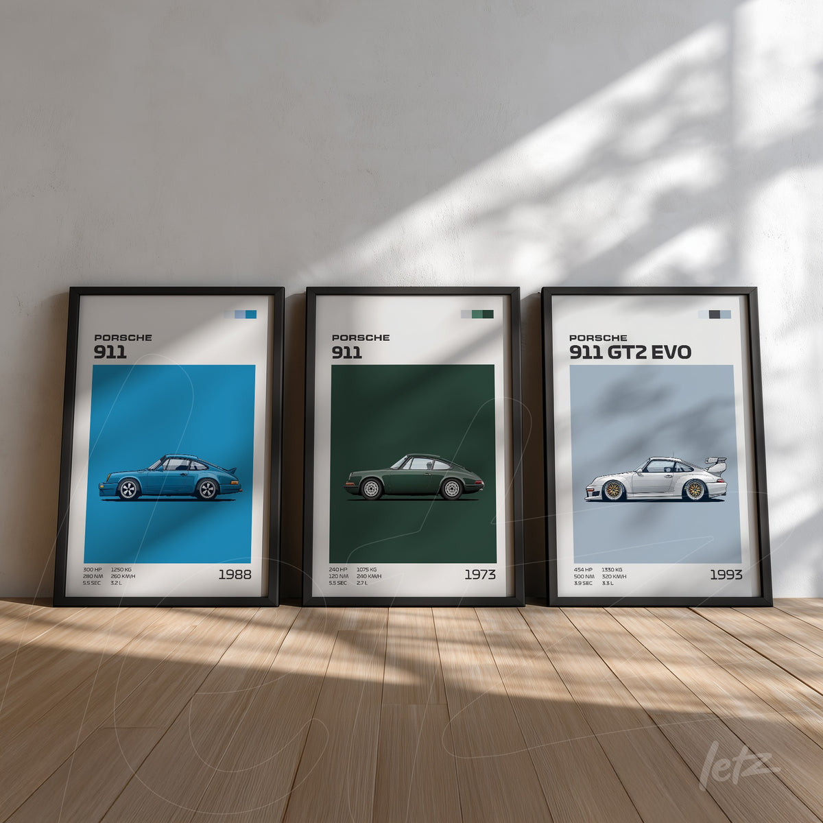 composição de quadros decorativos da linha Porsche 911 com ilustrações em fundo verde e azul, molduras pretas finas