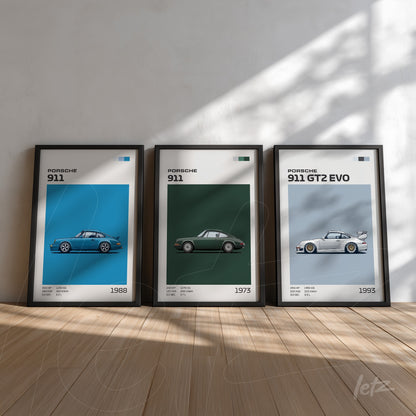 composição de quadros decorativos da linha Porsche 911 com ilustrações em fundo verde e azul, molduras pretas finas