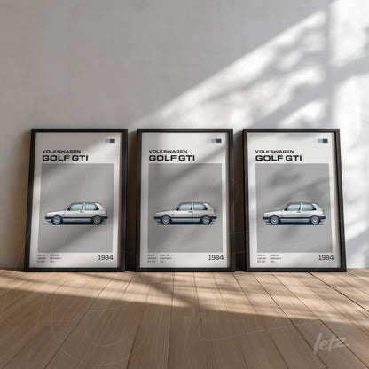 série de quadros com ilustrações em estilo minimalista do Volkswagen Golf GTI de 1984, dispostos em molduras pretas sobre uma parede clara