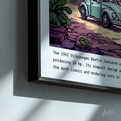 quadro com arte digital de um Volkswagen Beetle de 1963 em moldura preta, com fundo pixelado apresentando um cenário de estrada
