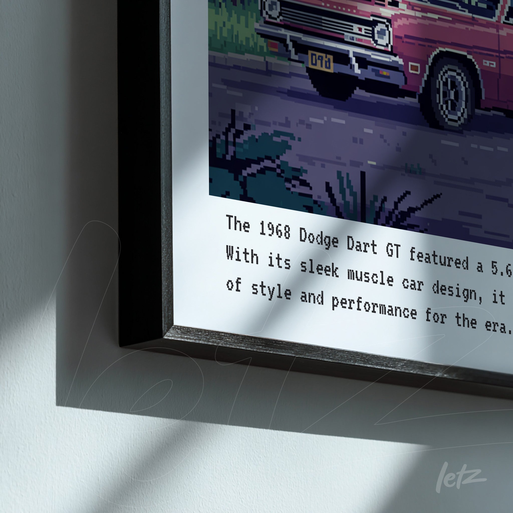 quadro decorativo com arte pixelada de um Dodge Dart GT 1968 em moldura preta fina