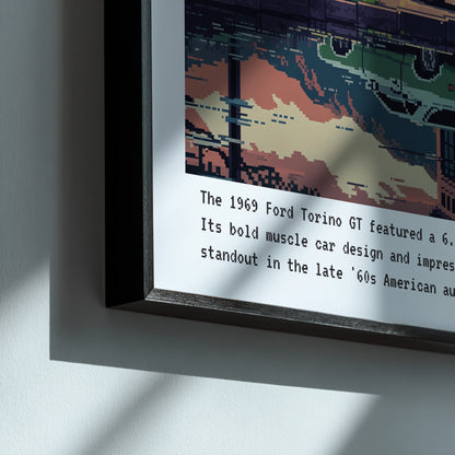 quadro decorativo com arte digital de um carro Ford Torino GT de 1969 em moldura preta, iluminado por sombras
