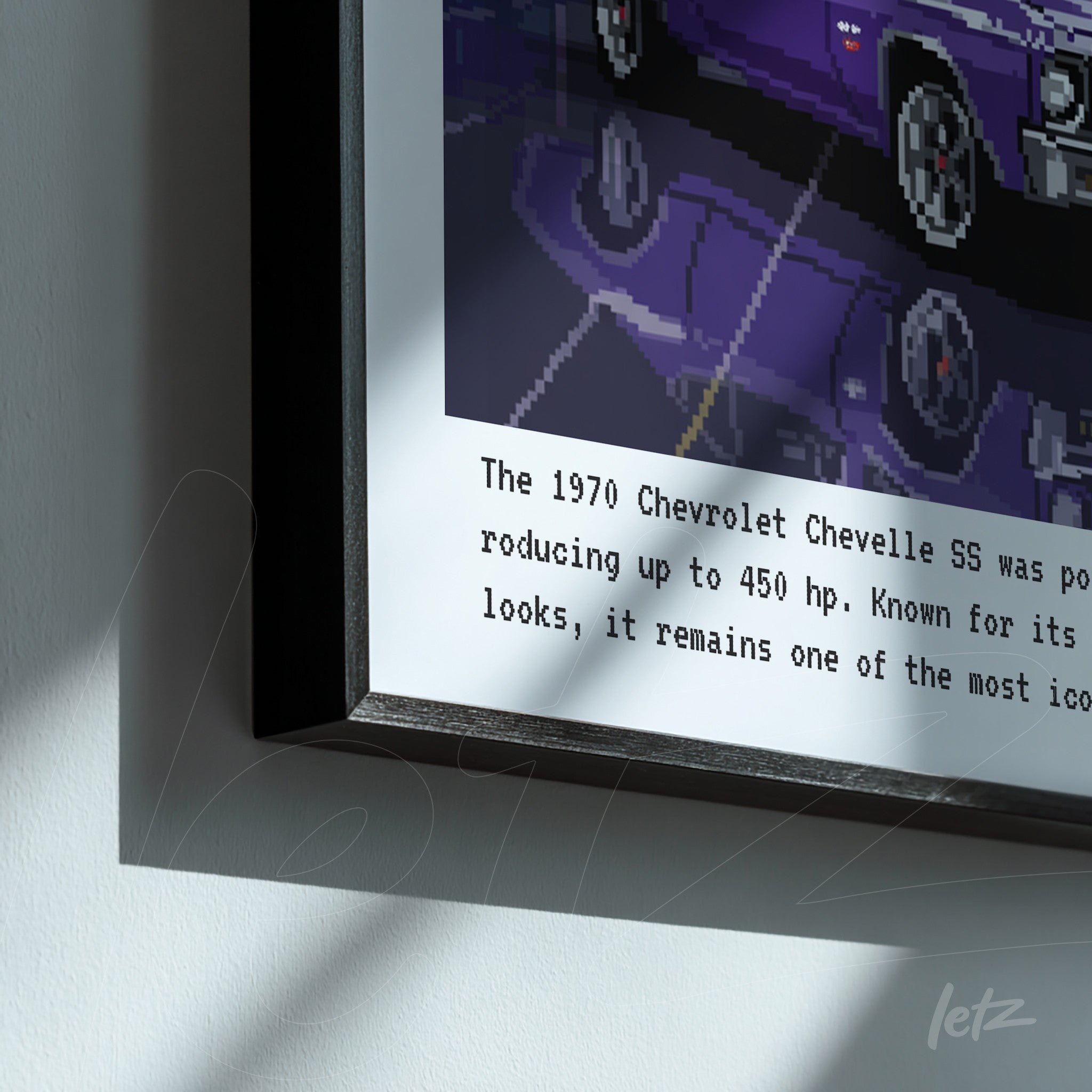 quadro com arte em pixel do Chevrolet Chevelle SS de 1970 em moldura preta fina