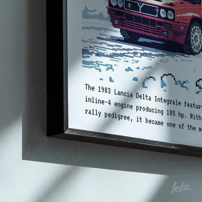 quadro com arte pixelada de um carro Lancia Delta Integrale de 1983 em moldura preta
