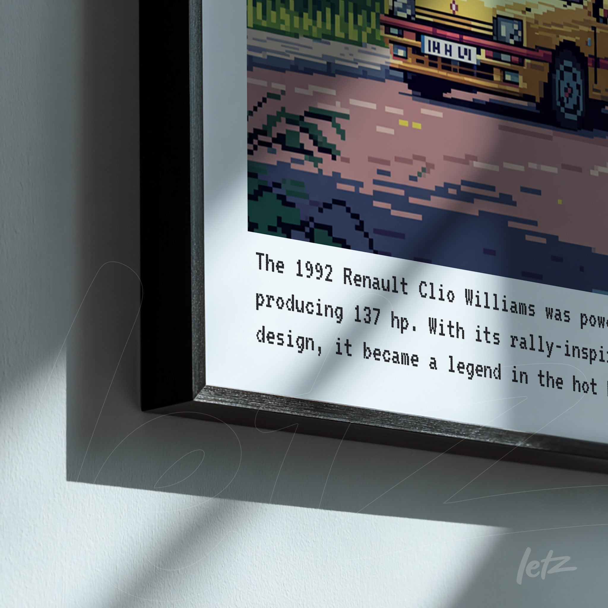 quadro com arte pixelada do Renault Clio Williams de 1992 em moldura preta