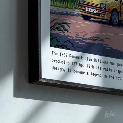 quadro com arte pixelada do Renault Clio Williams de 1992 em moldura preta