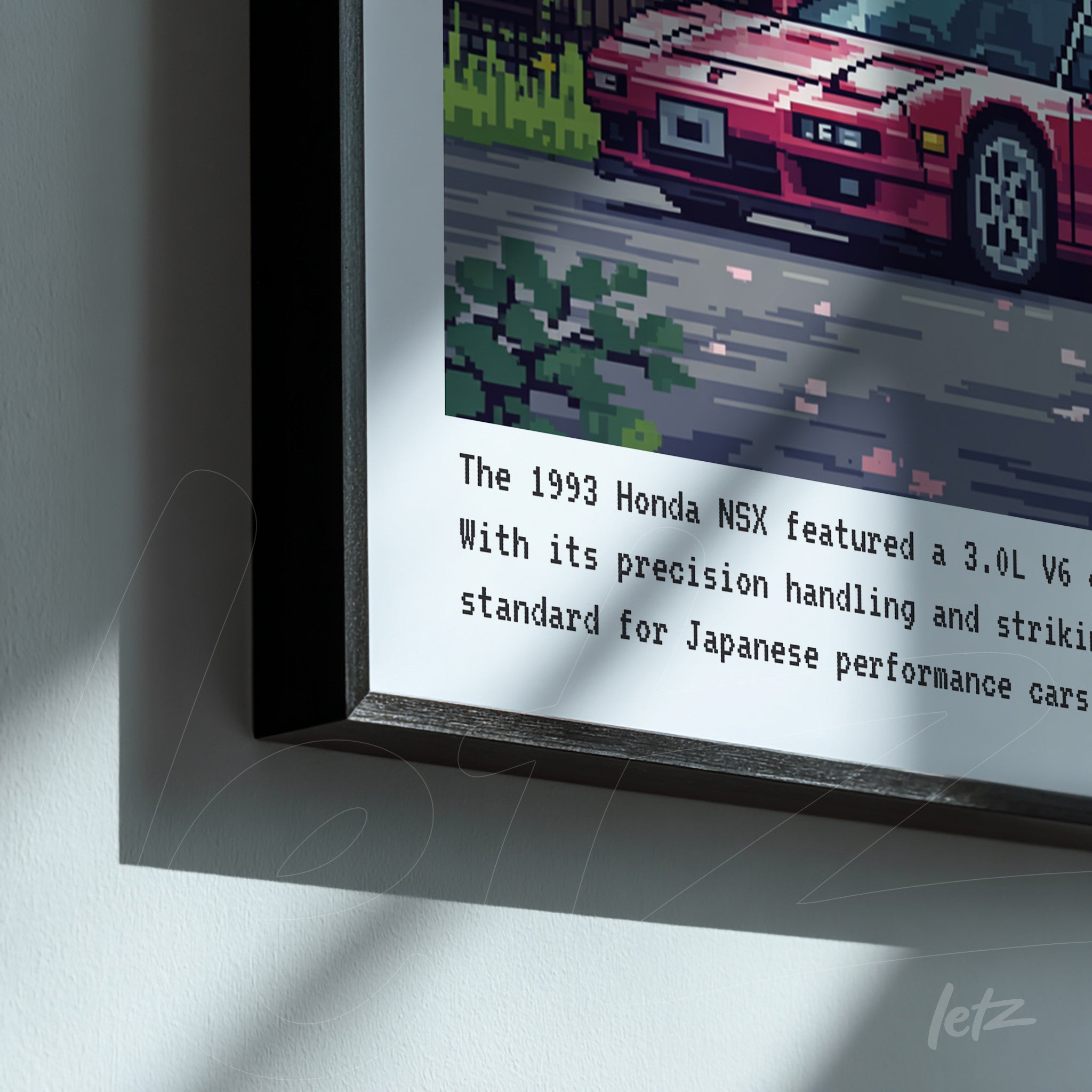 quadro com arte pixelada de um carro Honda NSX de 1993 em moldura preta fina