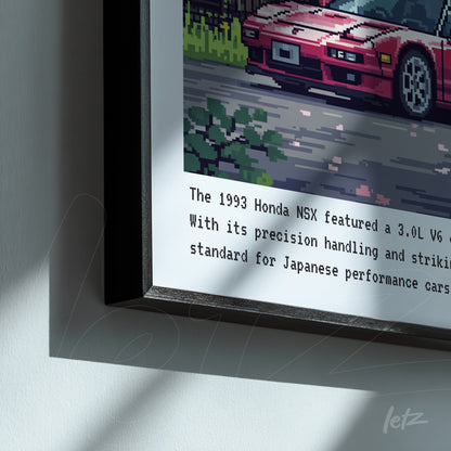 quadro com arte pixelada de um carro Honda NSX de 1993 em moldura preta fina
