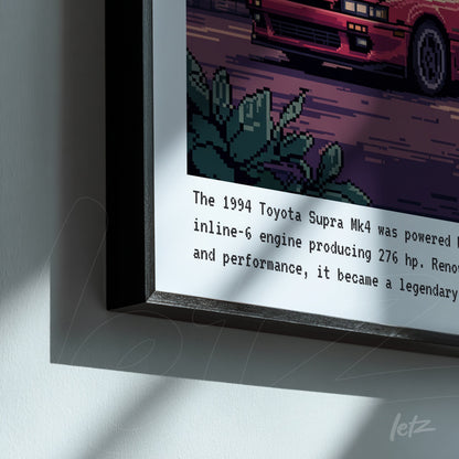 quadro em moldura preta elegante com arte pixelada de um carro Toyota Supra Mk4, incluindo descrição do motor na parte inferior