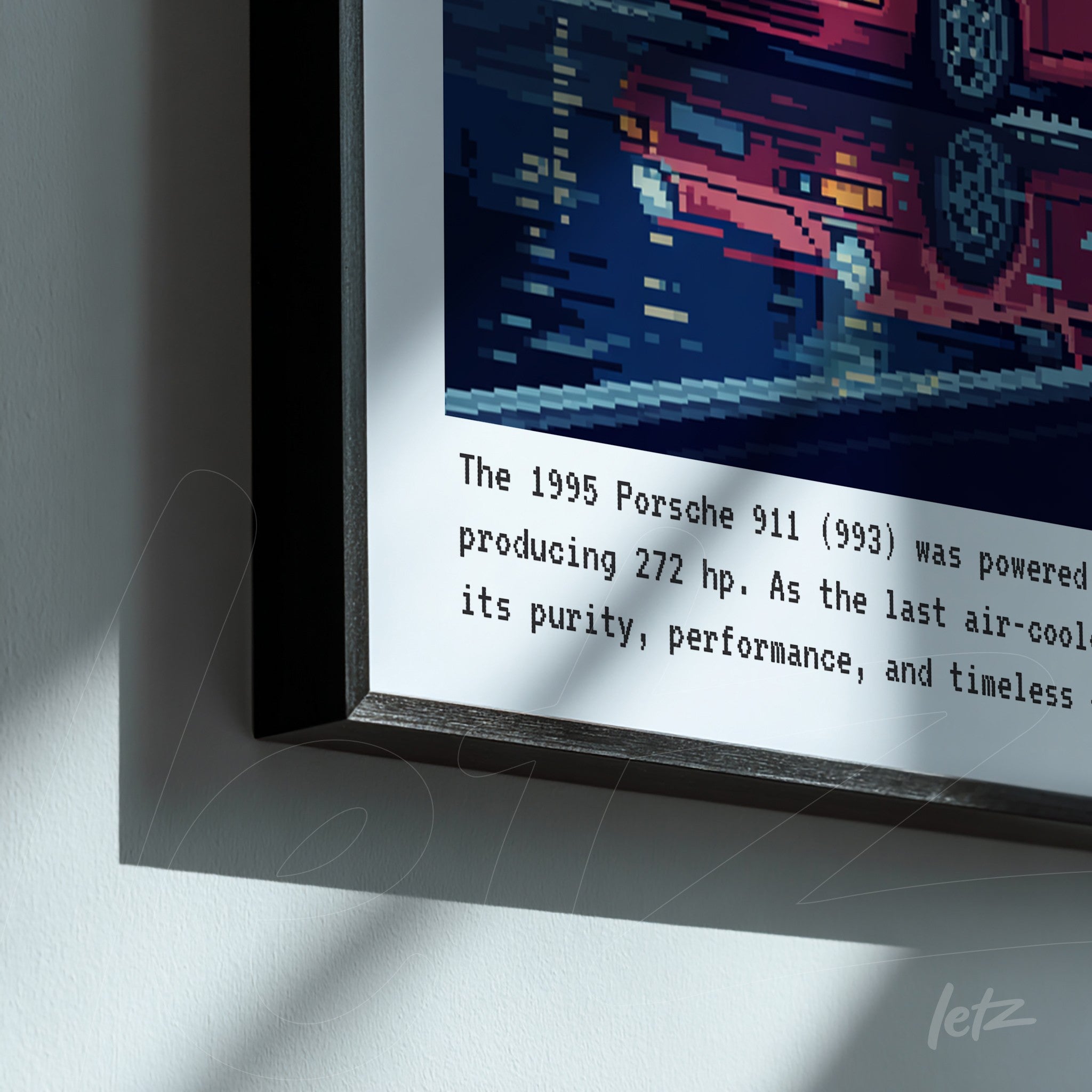 quadro com arte digital do Porsche 911 de 1995 em moldura preta