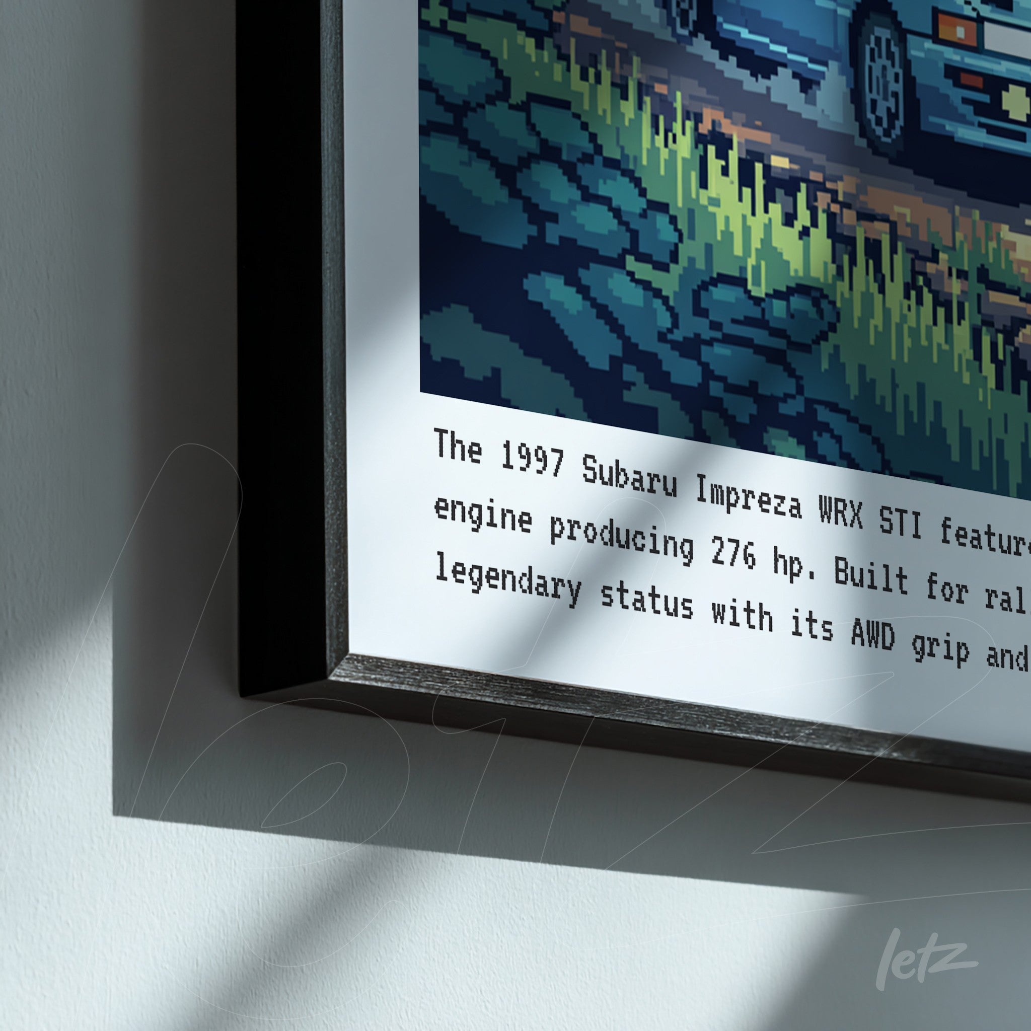quadro emoldurado com arte digital do carro Subaru Impreza WRX STI de 1997 em estilo pixelado, com fundo de grama verde