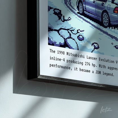 arte digital em estilo pixelado do Mitsubishi Lancer Evolution 1998 com moldura preta