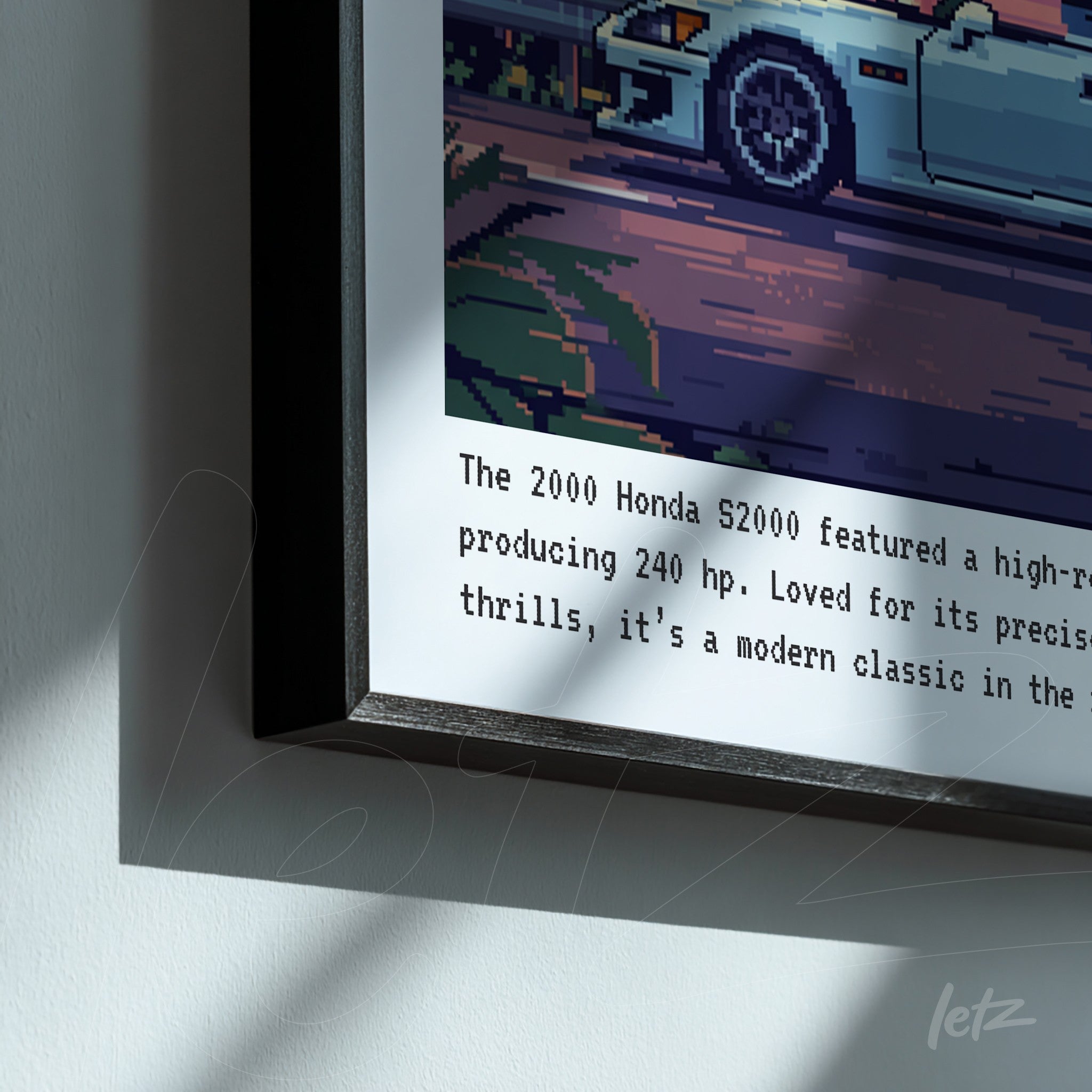 quadro emoldurado com arte digital de um carro esportivo Honda S2000 em uma cena pixelada com fundo verde
